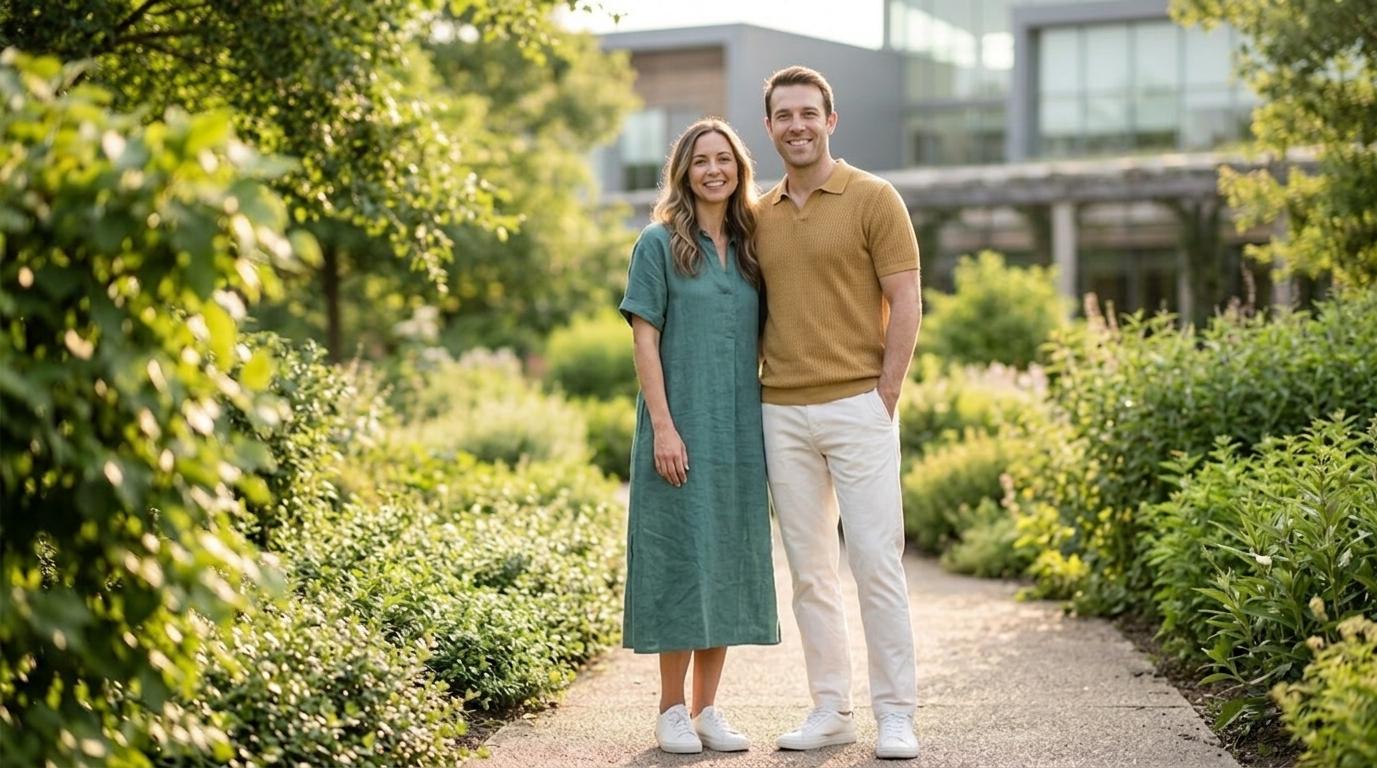 Couple smiling outdoors in a natural, active setting